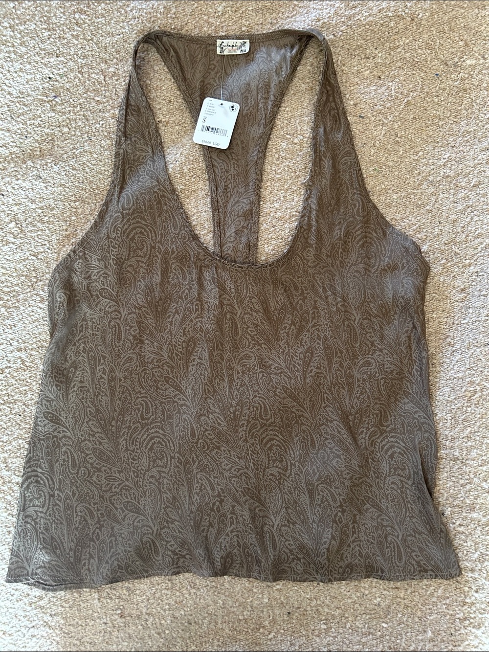 Paisley-Print Taupe Racerback Tank Top